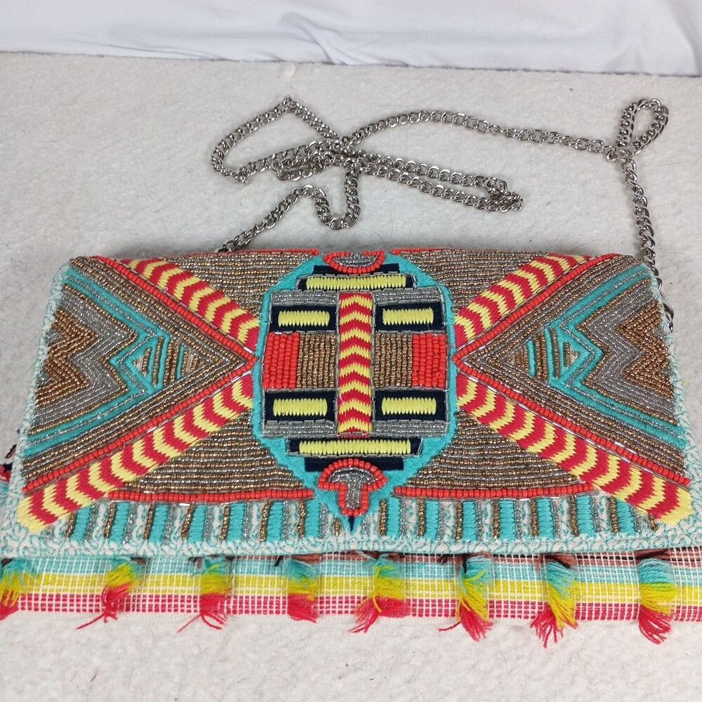 America & Beyond Beaded Clutch Crossbody Bag Boho Fringe Tribal Statement Piece